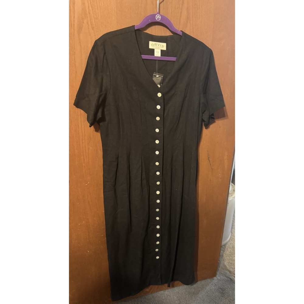NWOT Orvis Black Linen Blend V Neck Button Down Dress Sz 18 NEW TubA3